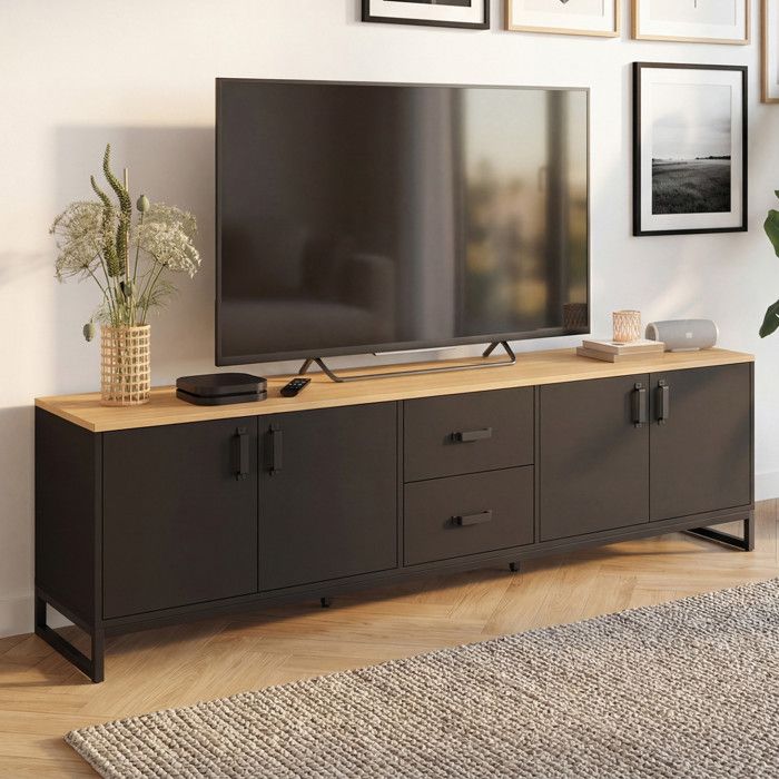 Mueble tv moderno - negro y madera - 180 cm