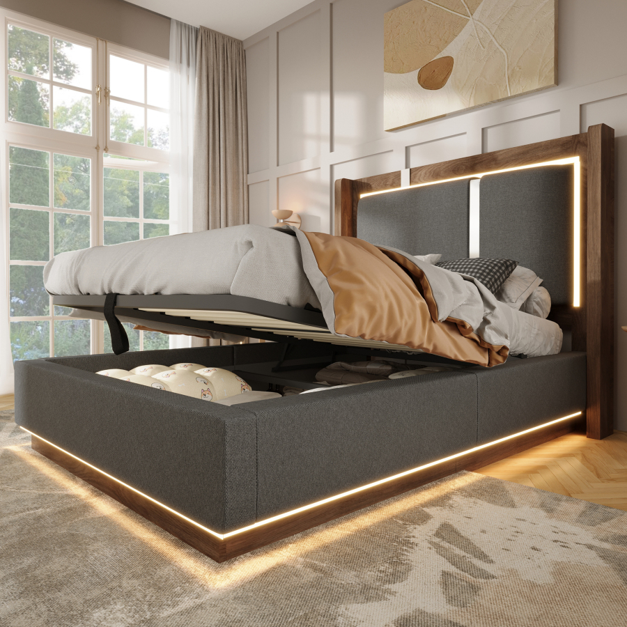 Cama tapizada 90x200 cm con LED y almacenaje hidráulico lino