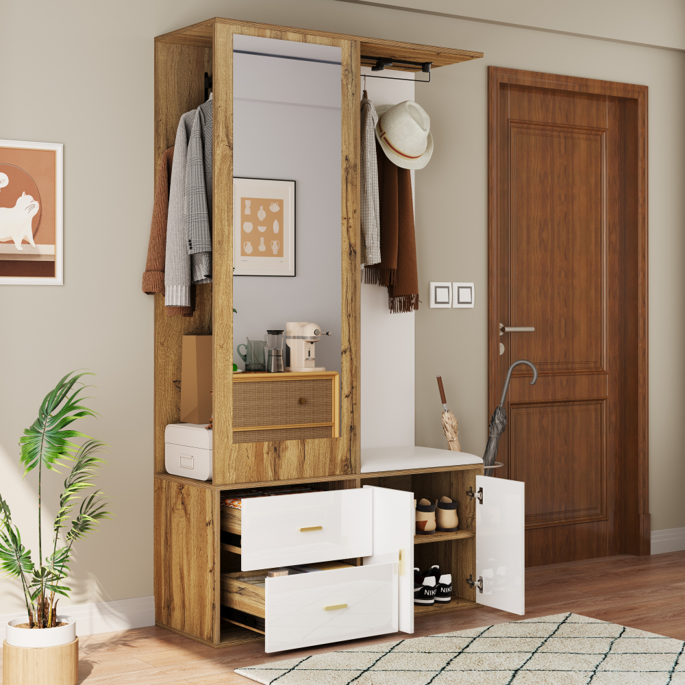 Mueble recibidor con espejo banco y zapatero blanco y natural 180x100x38cm