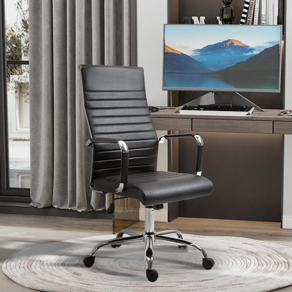 Silla de oficina ergonómica pu negra altura ajustable balanceo ruedas
