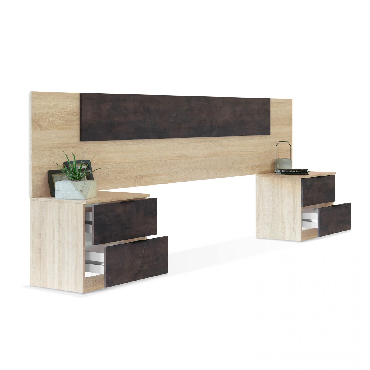 Cabecero para cama de 135-150 cm y 2 mesitas con cajones luca roble - óxido