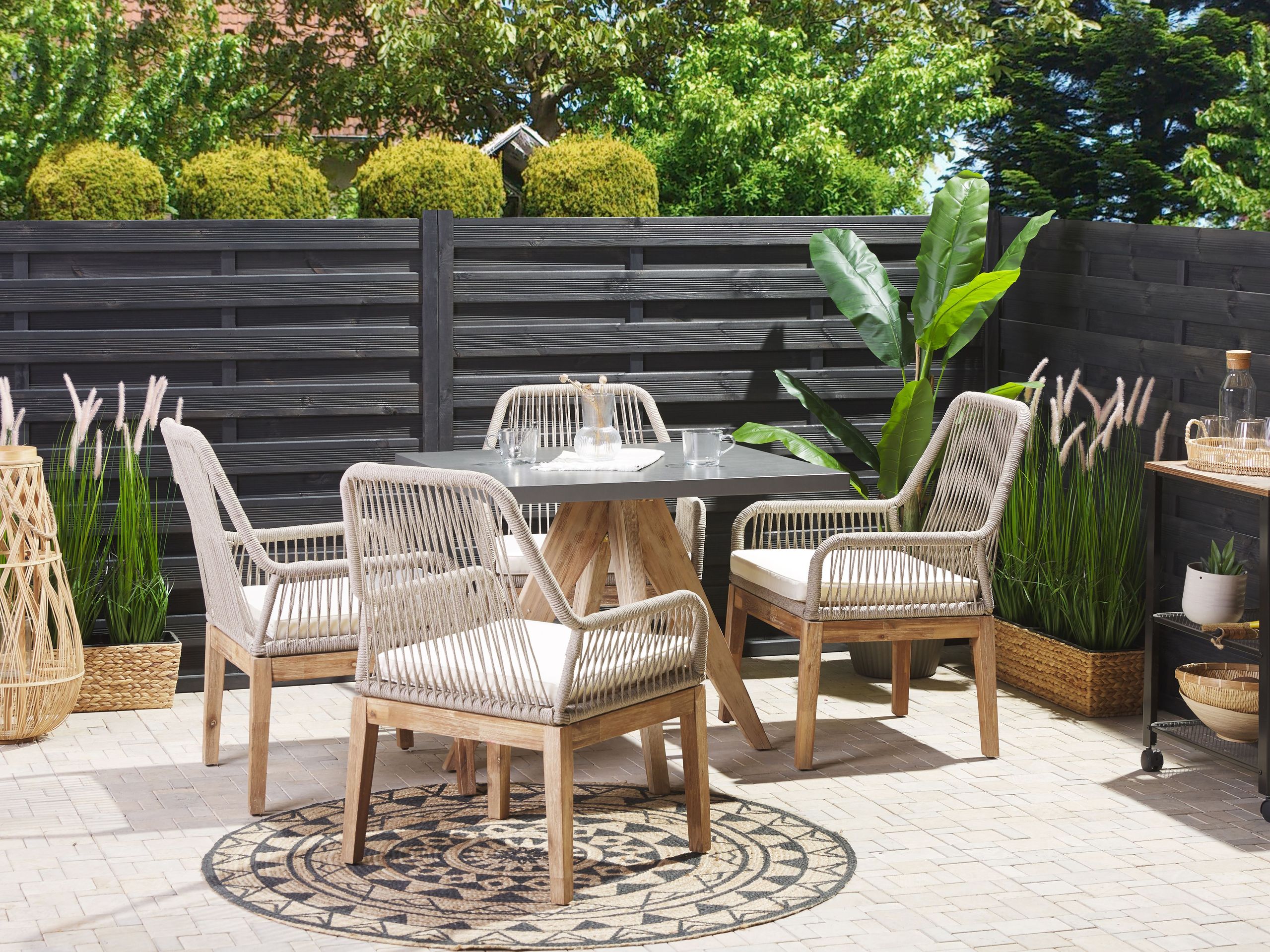 Conjunto de comedor exterior 4 plazas olbia con cojines cemento beige