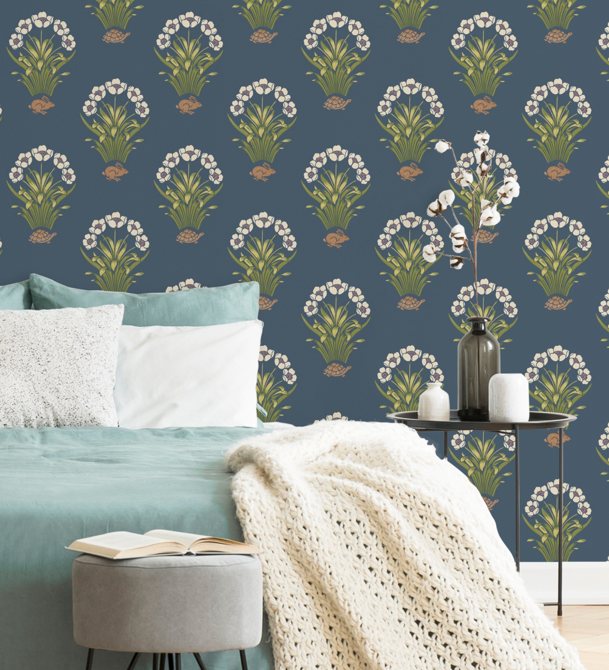 Papel pintado gaulan de flores conejos y tortugas estilo country 5.33m²