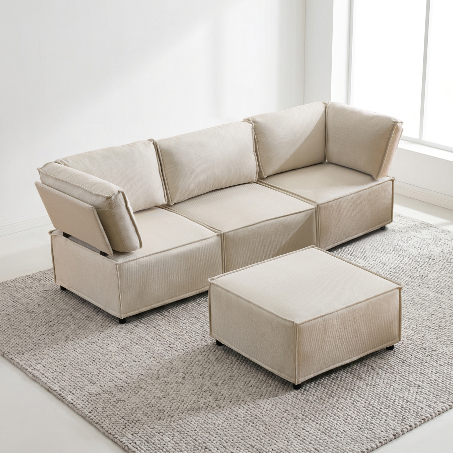 Sofá modular en u de lino beige 3 piezas para salón