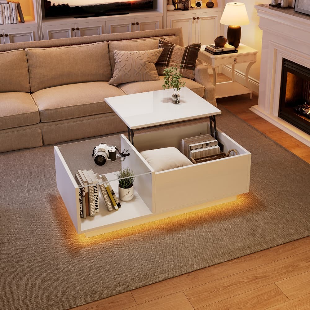 Mesa de centro elevable LED blanco 33-46.5x100x50cm