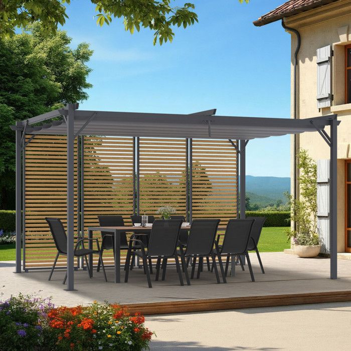 Pérgola antracita con techo retráctil y lamas 4x3 m
