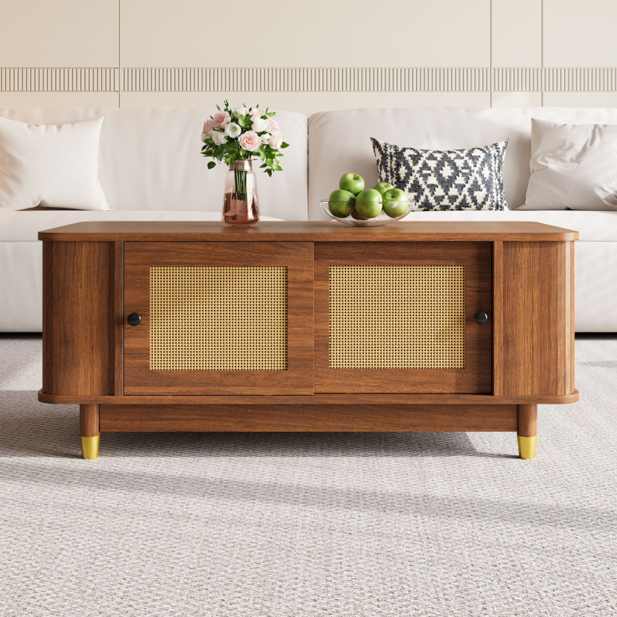 Mesa de centro con puertas correderas de ratán mdf nogal 42x100x50cm