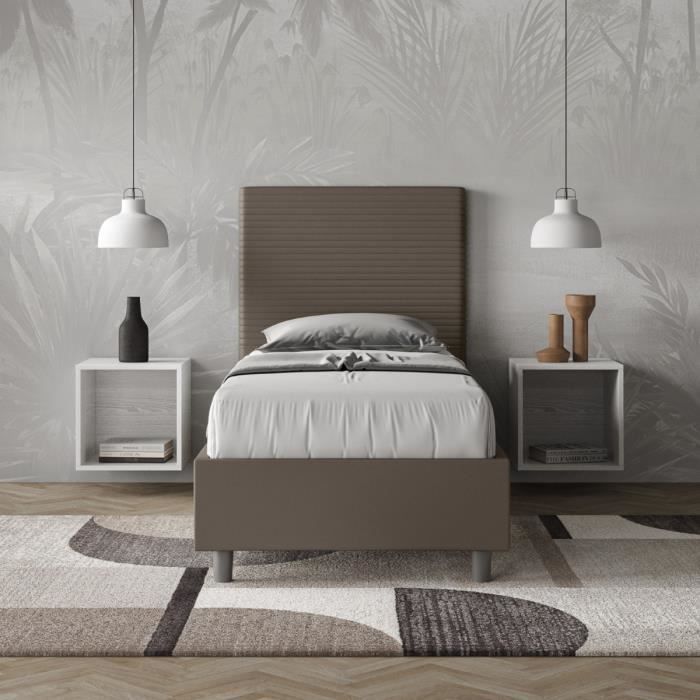 Cama 1 plaza - cabecero tapizado marrón - con pies de cama