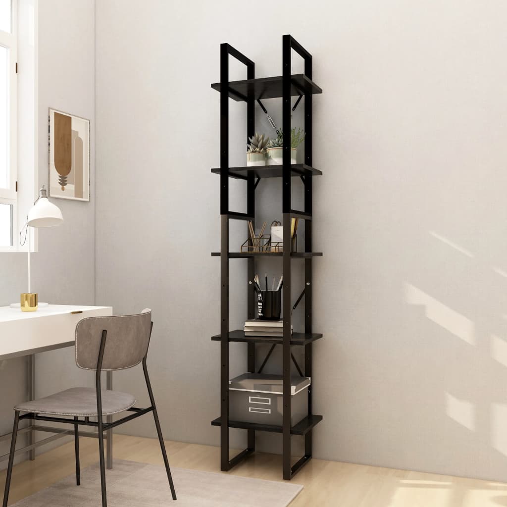Estantería Alta De Pino Macizo Con 5 Baldas - Ideal Para Salón U Oficina, Tono Madera Oscura
