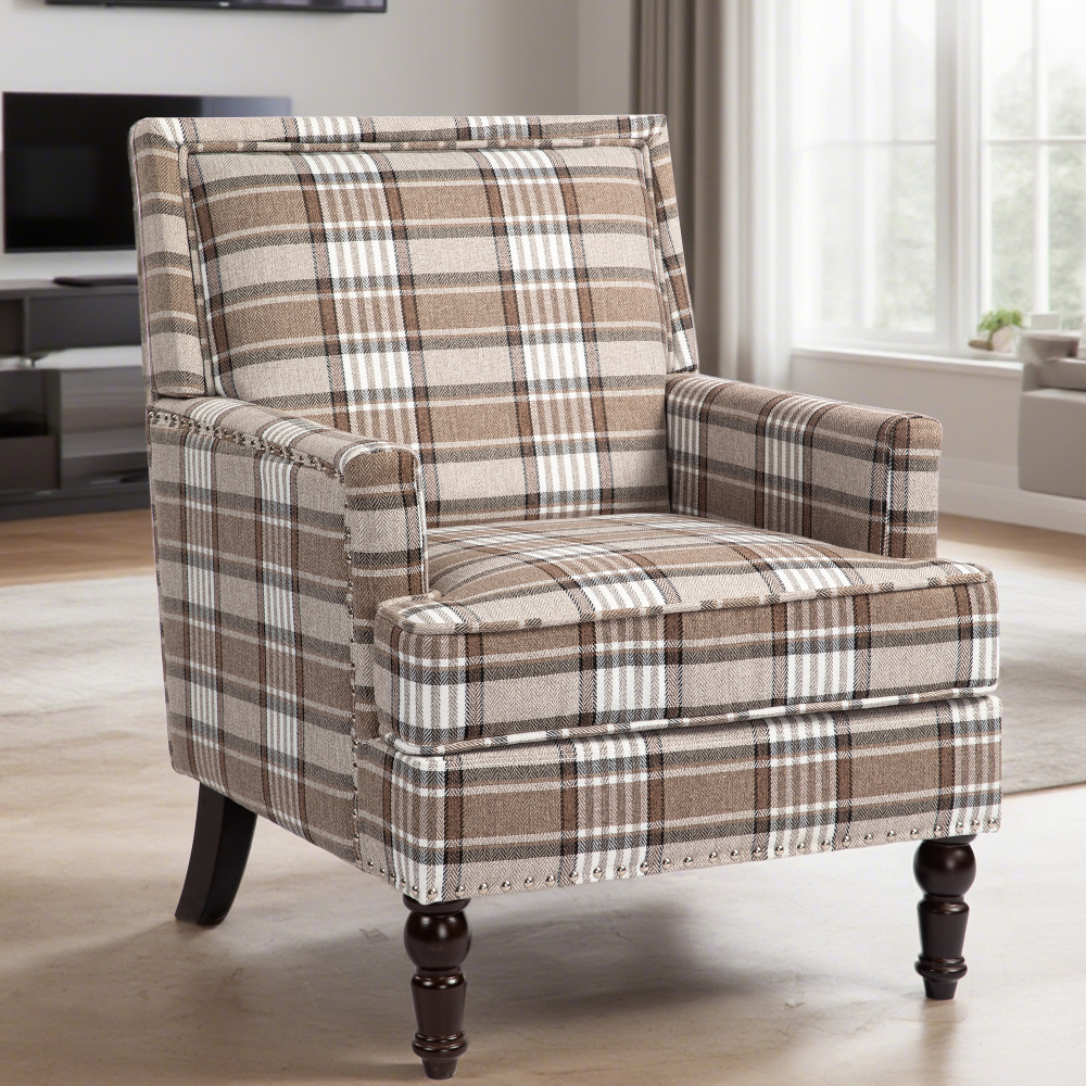 Sillón individual de algodón y lino marrón y blanco para salón