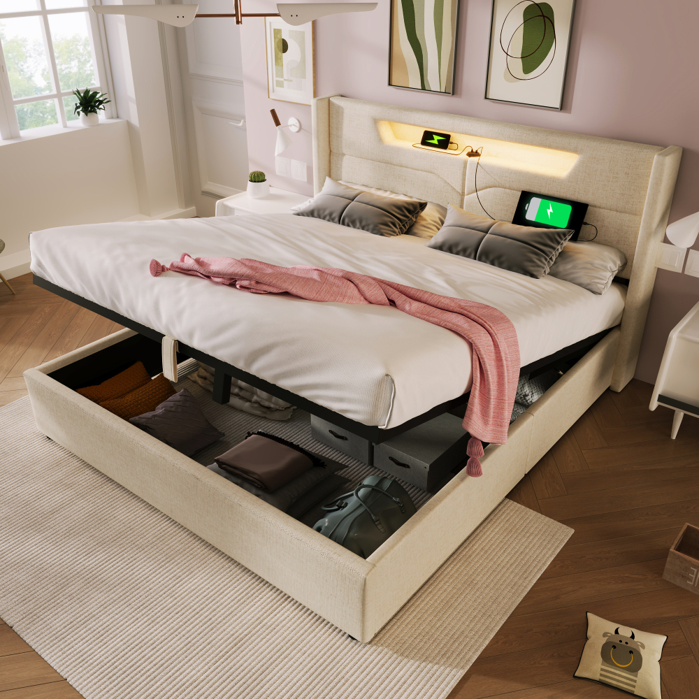 Cama funcional 160x200cm con LED, usb y almacenaje en lino – beige