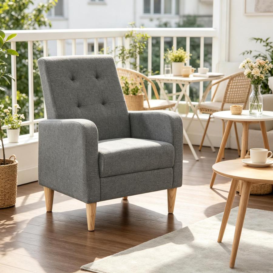 Sillón individual de lino gris oscuro con reposabrazos para salón