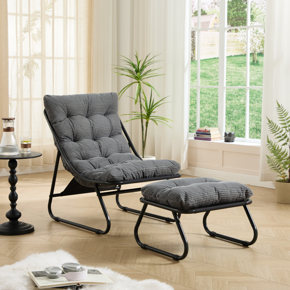 Sillón relax gris acolchado con reposapiés de acero