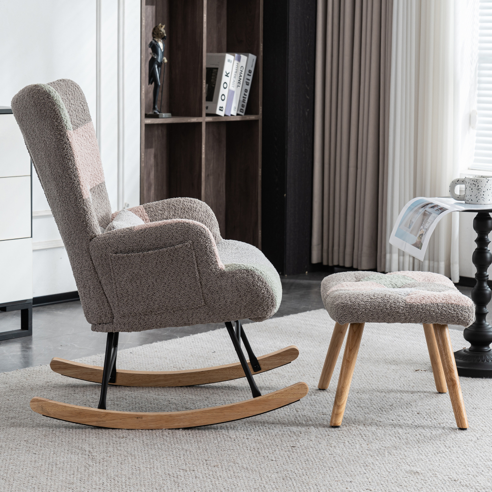 Sillón mecedor terciopelo multicolor con reposapiés y cojín lumbar