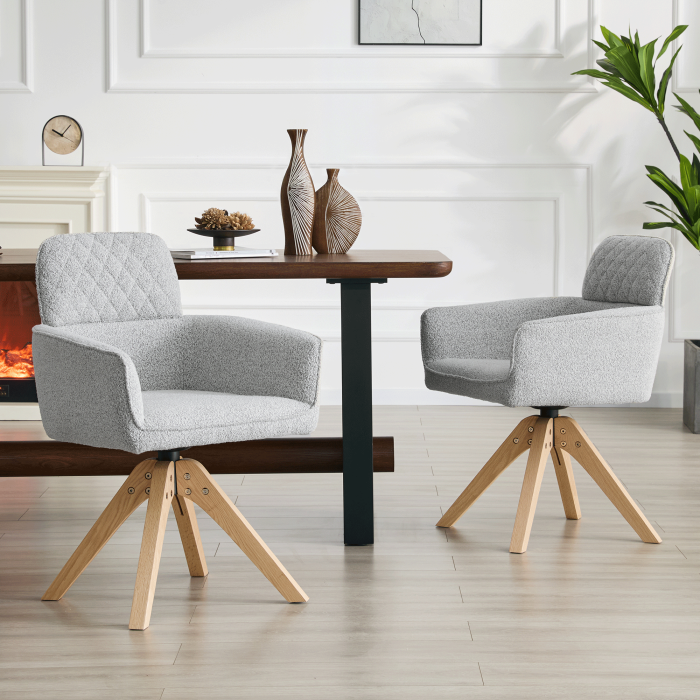 Silla de comedor giratoria de tela gris con patas de madera maciza set de 2