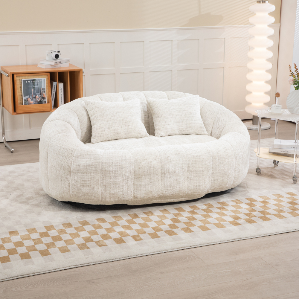 Sillón puff chenilla beige con reposabrazos para salón y dormitorio