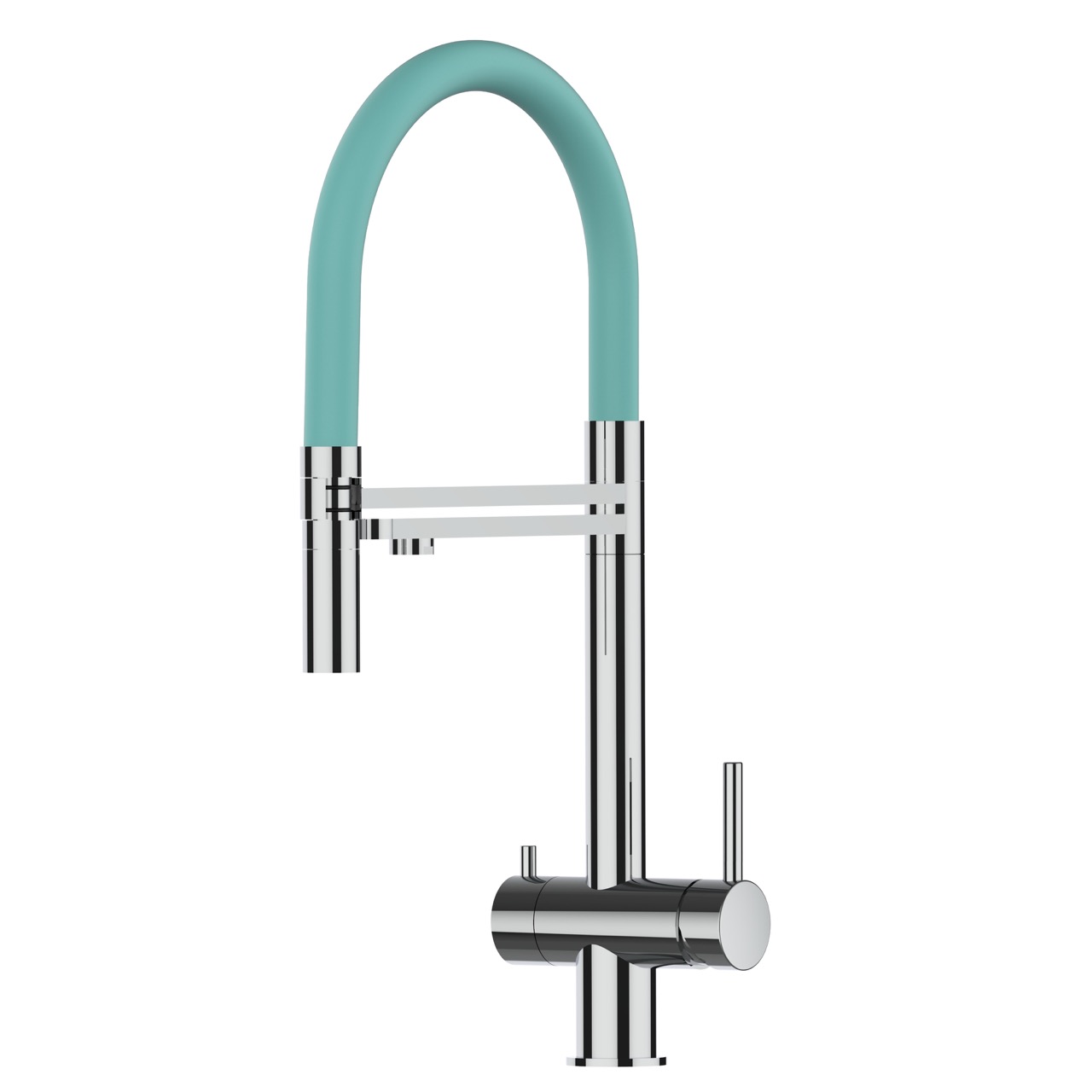 Grifo de cocina 4 vías acero inox ducha 2 chorros, pulido/turquesa