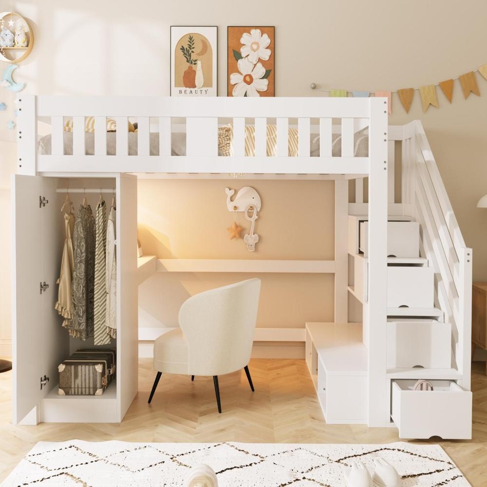 Cama alta 140x200cm con escalera, escritorio, LED y armario blanca