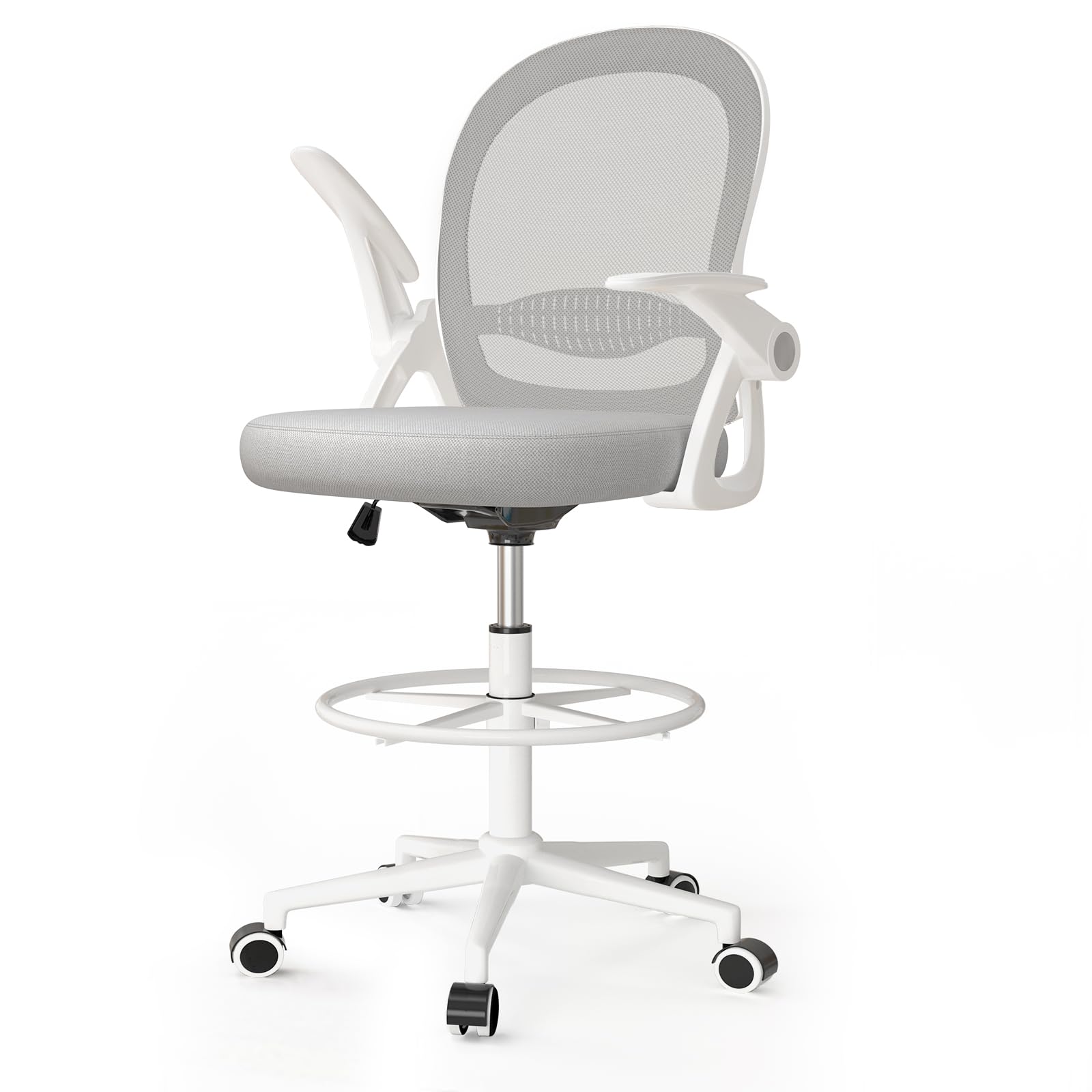 Silla de oficina con respaldo alto, reposabrazos abatibles, gris