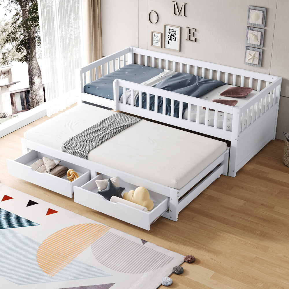 Cama nido 90x200cm con barandilla, 2 cajones y somier madera maciza blanco