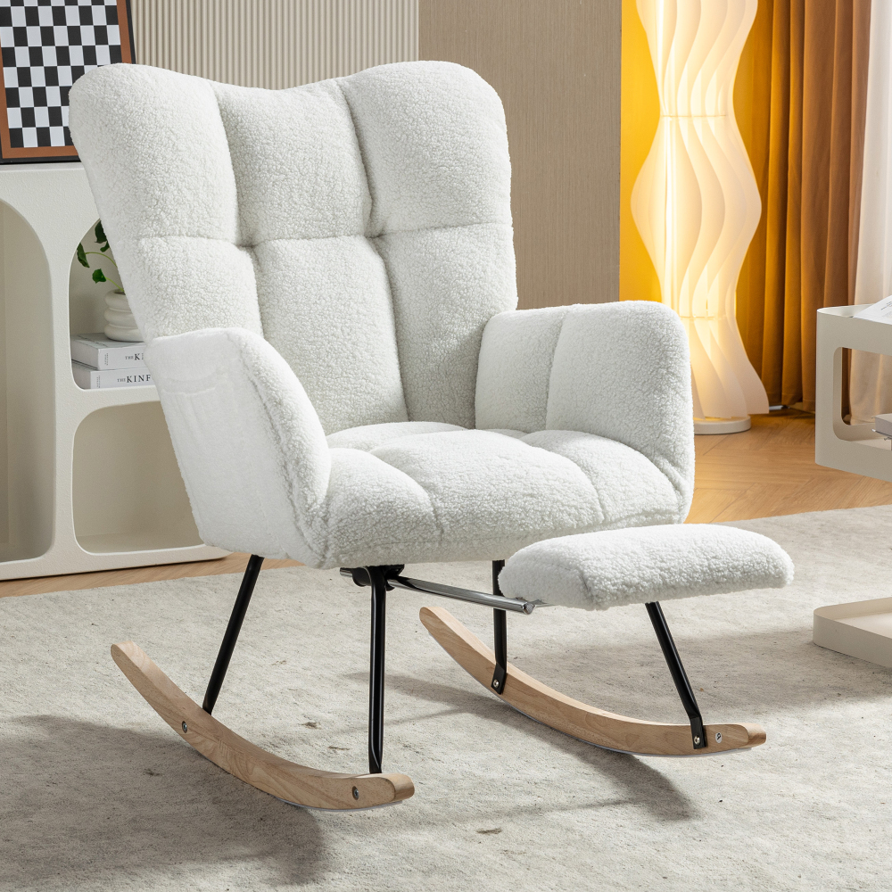 Sillón mecedor teddy blanco con reposapiés plegable y respaldo alto