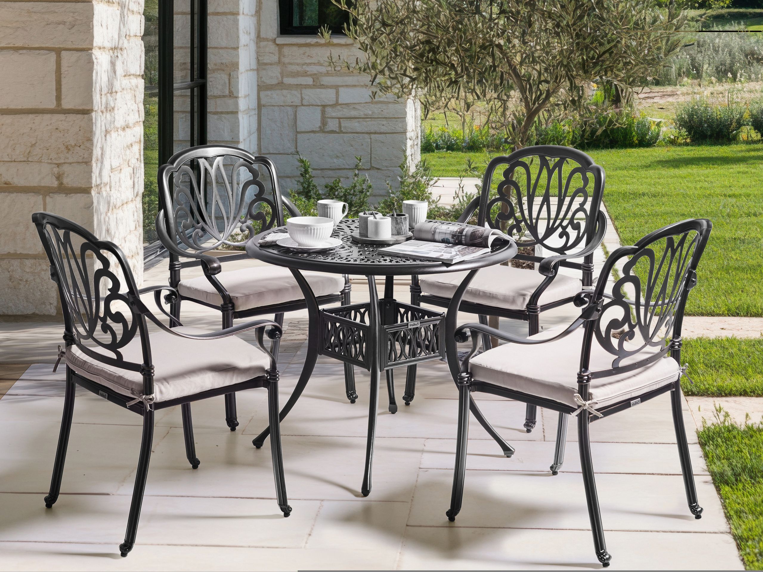 Conjunto de comedor exterior 4 plazas ancona con cojines metal negro