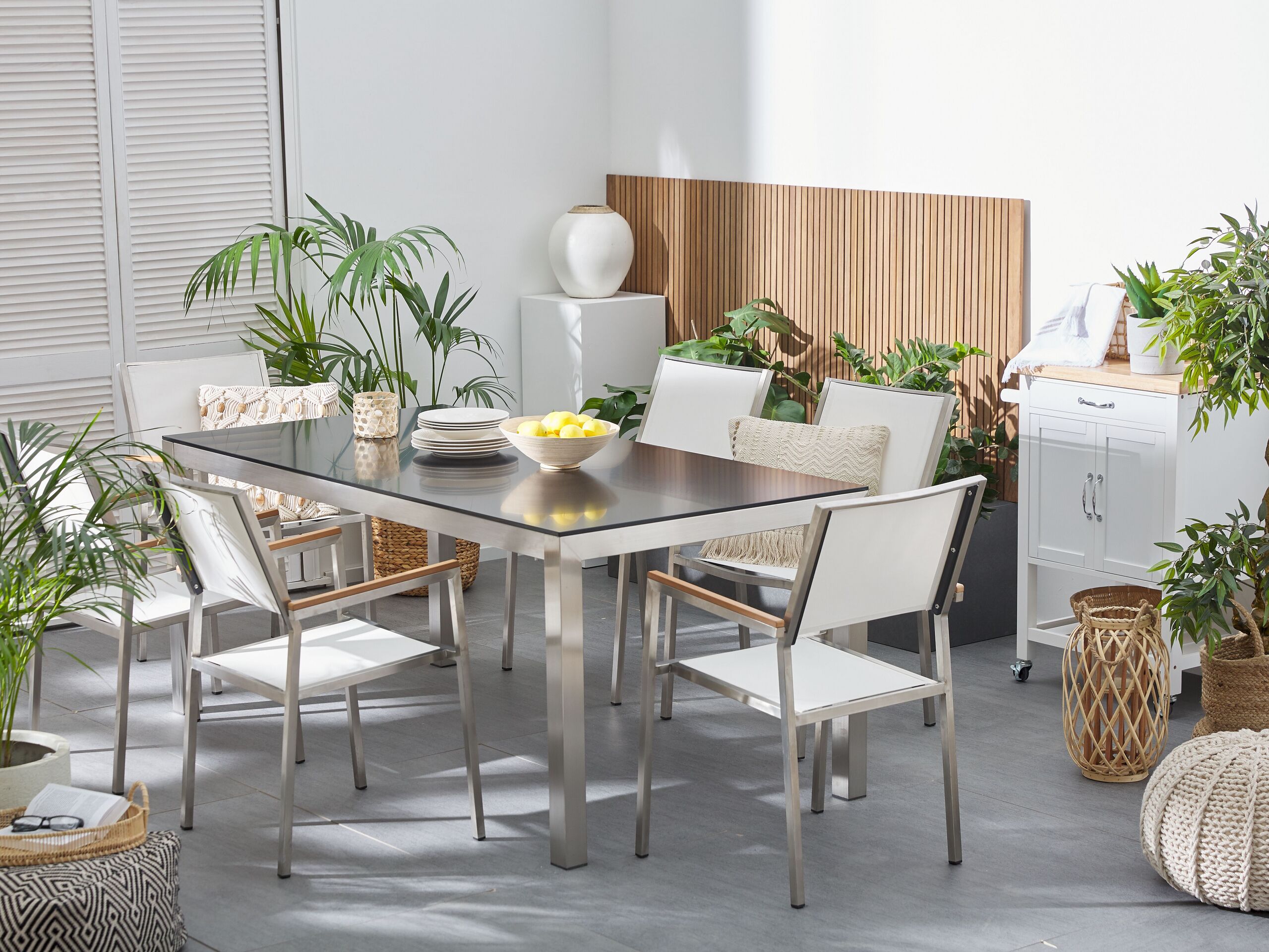 Conjunto de comedor exterior 6 plazas grosseto vidrio templado negro/blanco
