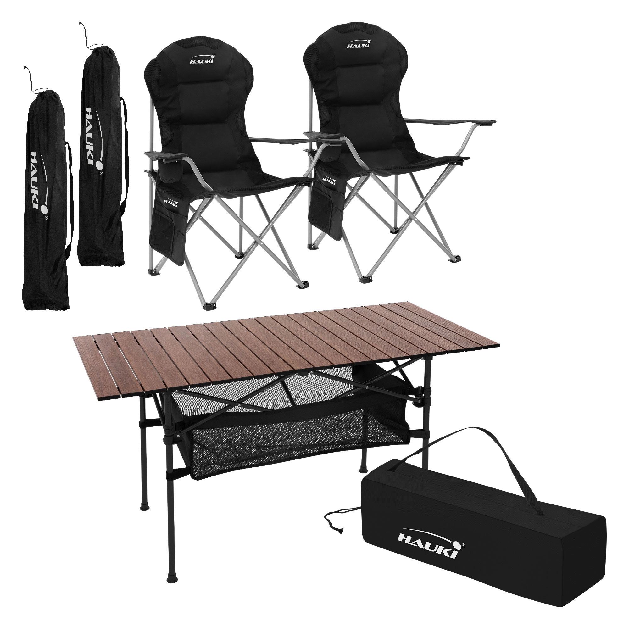 Muebles de camping mesa y 2 sillas negras plegables mobiliario acampada