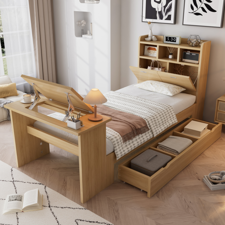 Cama 90x200cm con almacenaje y mesa abatible natural