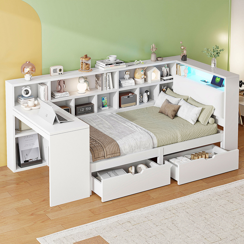 Cama de madera en forma de l,90x200,blanca