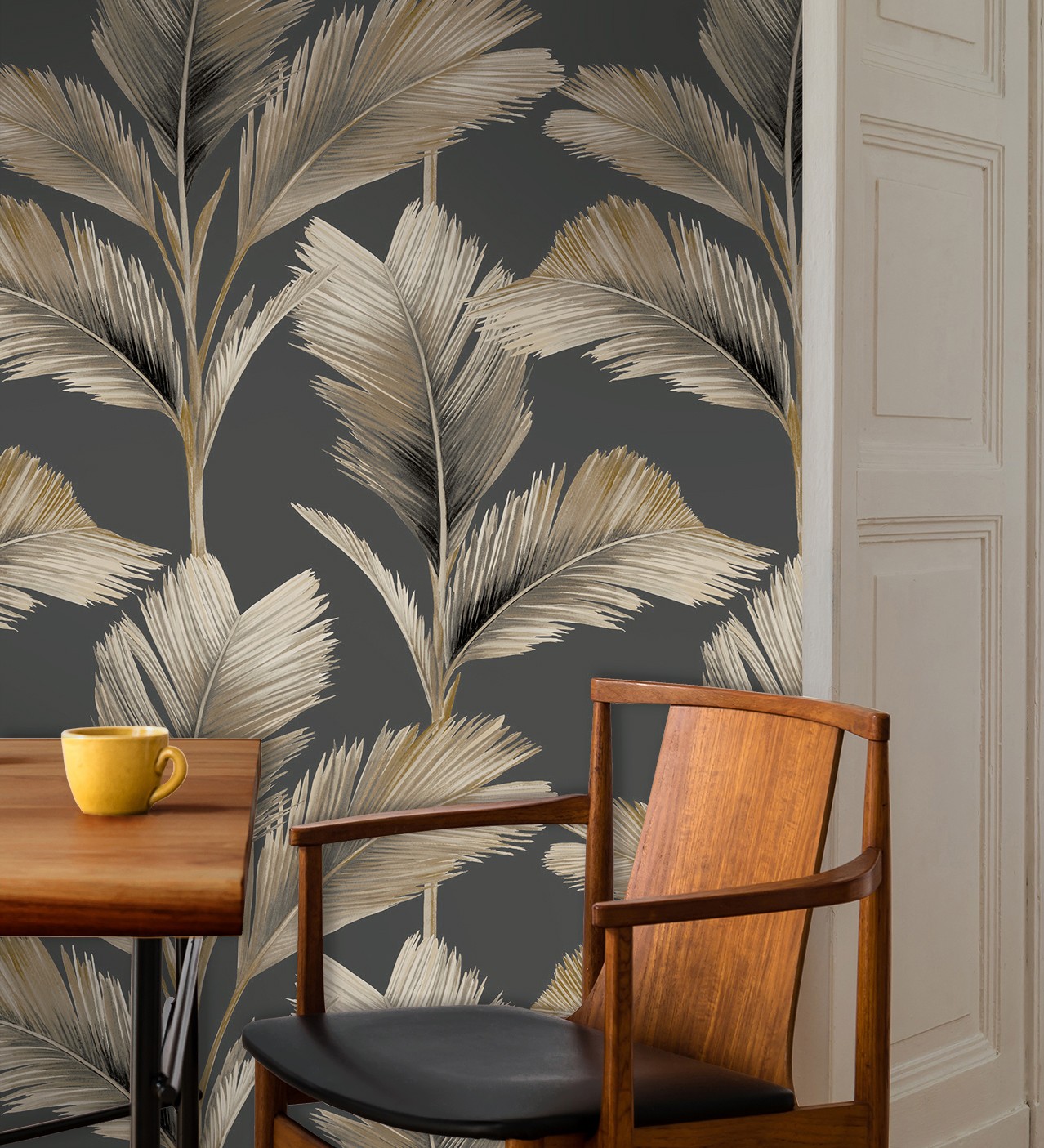 Papel pintado gaulan hojas de palma tropical beige perlado sobre 5.33m²