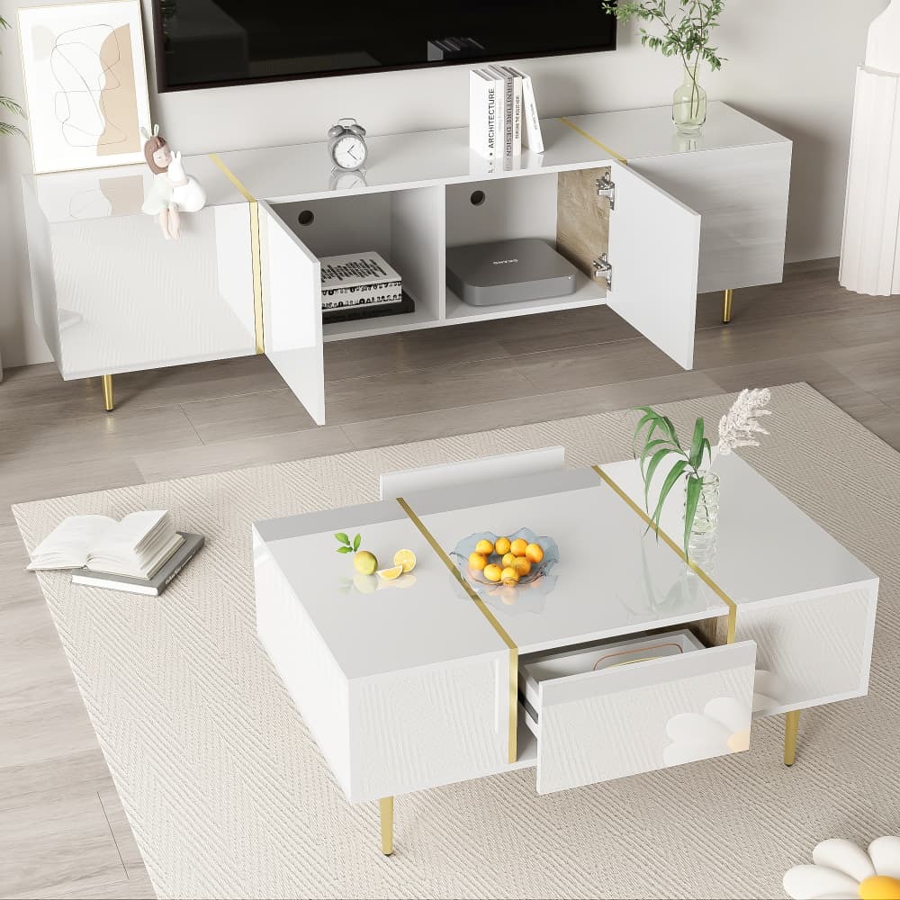Conjunto de mueble de tv y mesa de centro blanco brillo 170x35x46cm