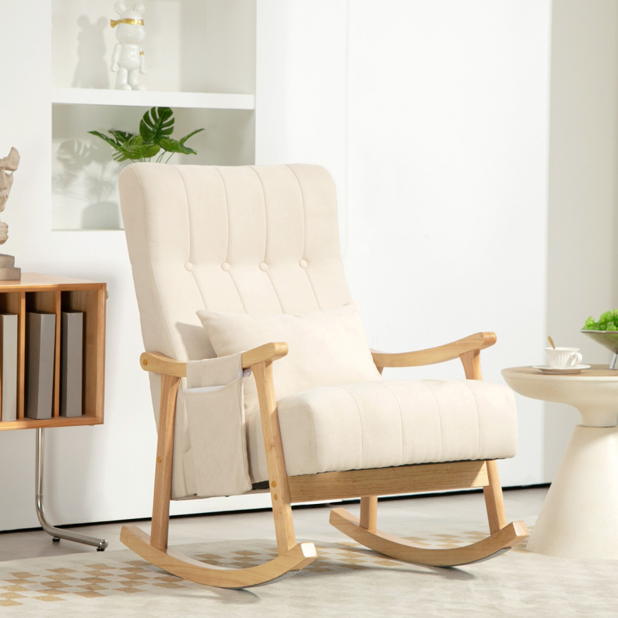 Sillón mecedor acolchado con cojín lumbar y bolsillos laterales beige