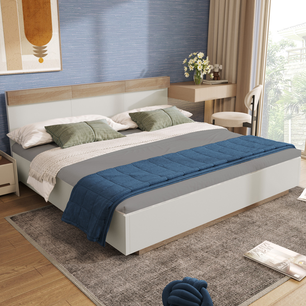 Cama madera 160x200cm efecto flotante cabecero roble – blanco y roble