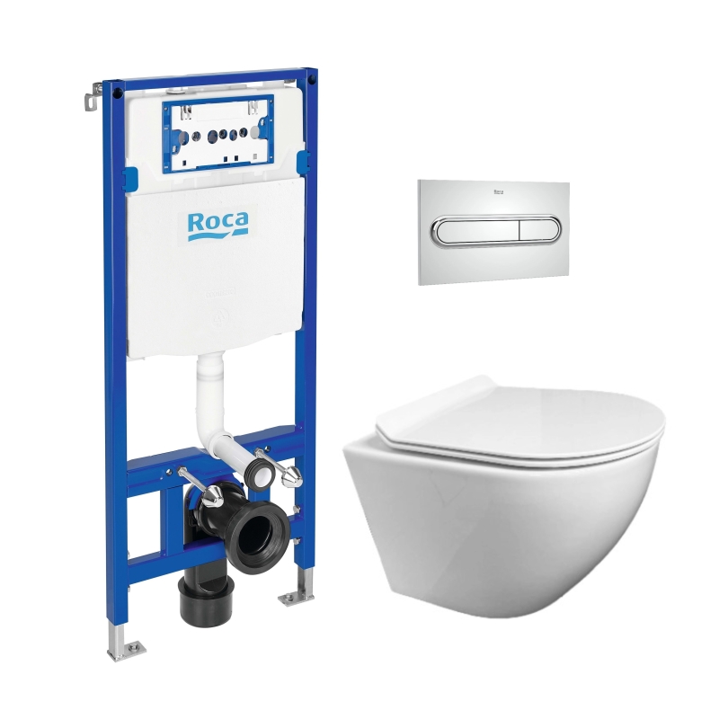 Pack cisterna roca duplo y pulsador pl1 cromo br con wc round smart de kp