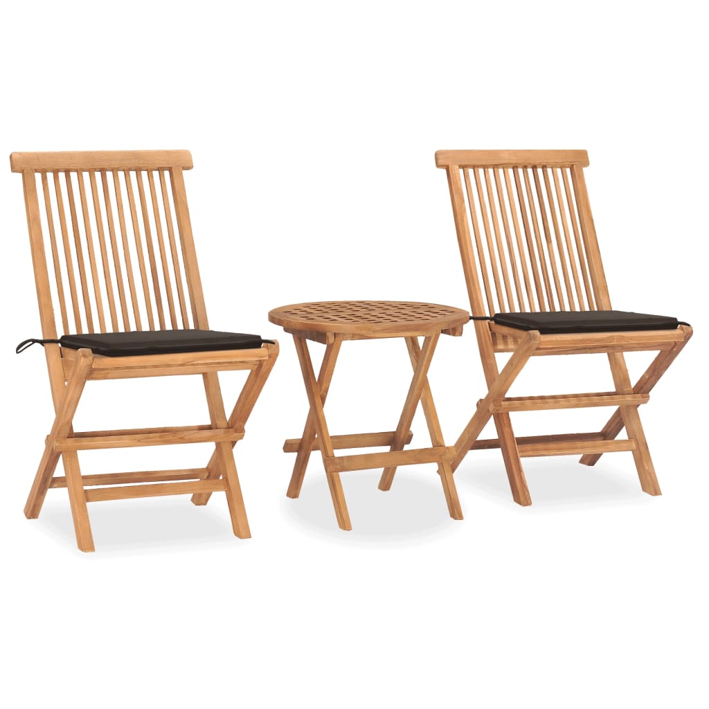 vidaXL set comedor de jardín plegable 3 piezas madera de teca cojines