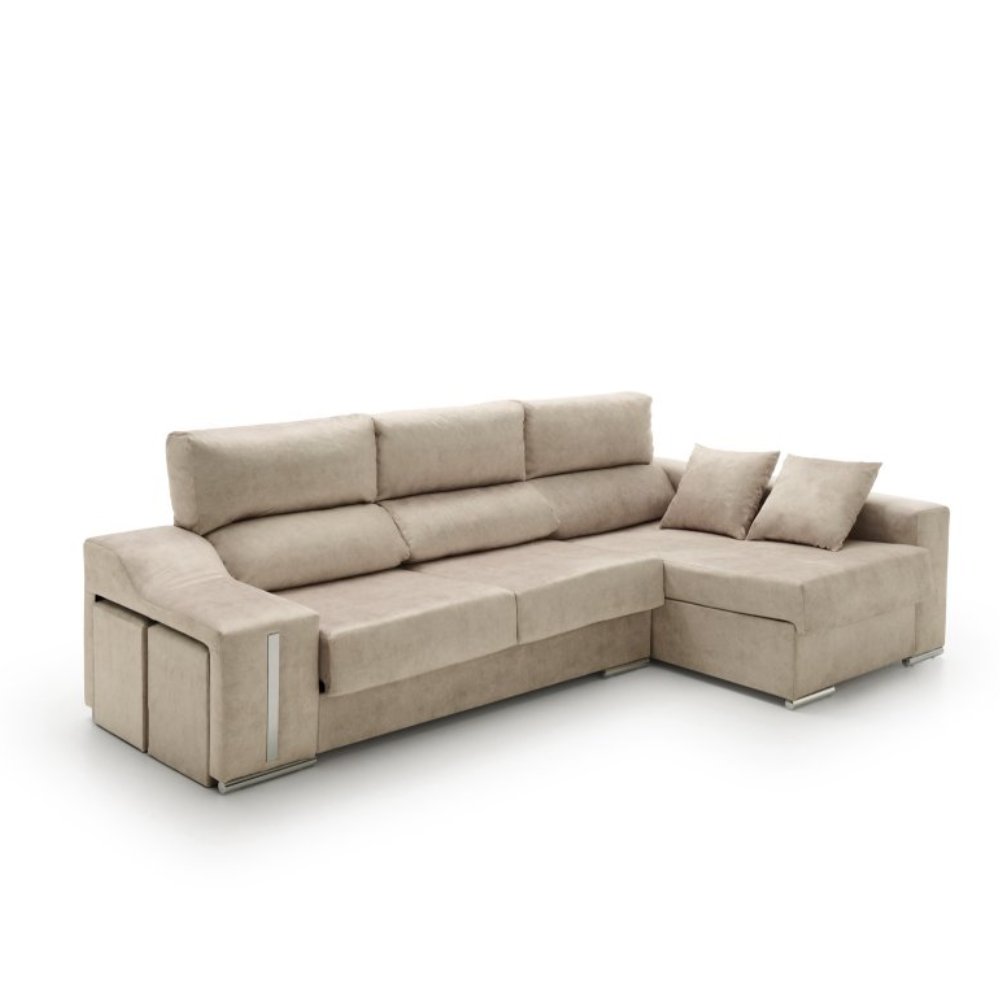 Sofa chaise longue reclinable y deslizante con puffs serena beige derecha