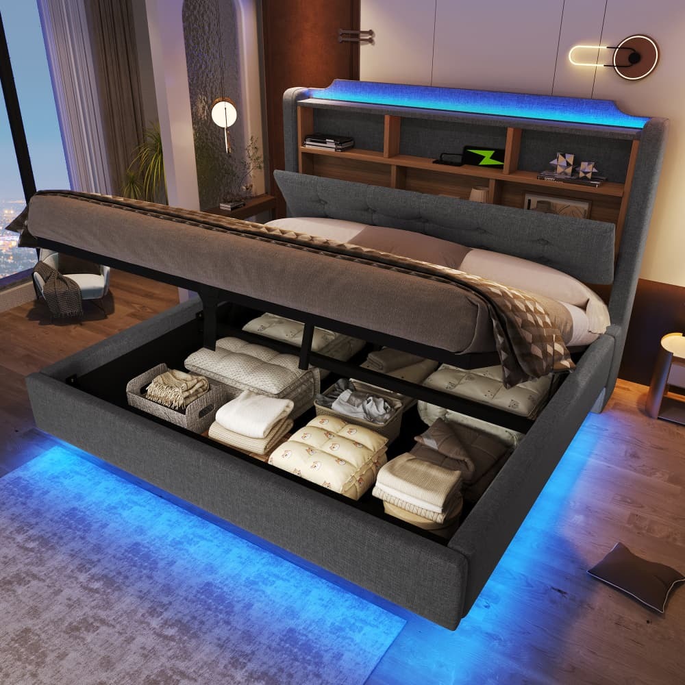 Cama tapizada 140x200 cm con LED, carga usb y canapé hidráulico lino – gris