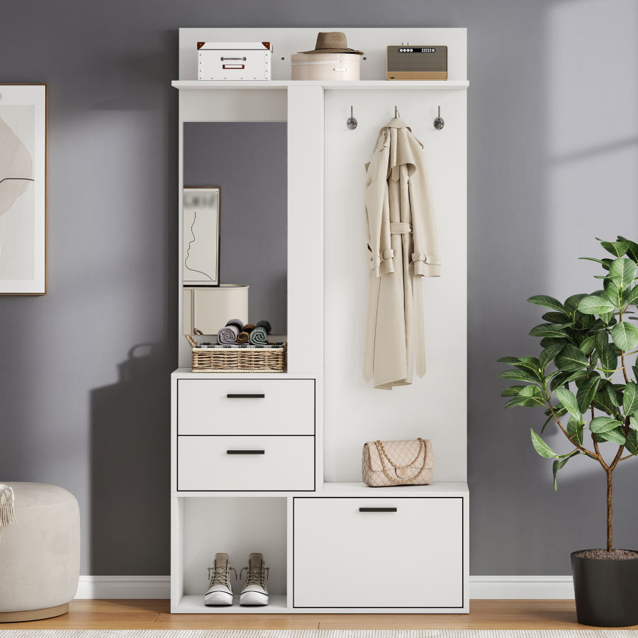 Mueble recibidor con espejo 2 cajones blanco 180x90x30cm