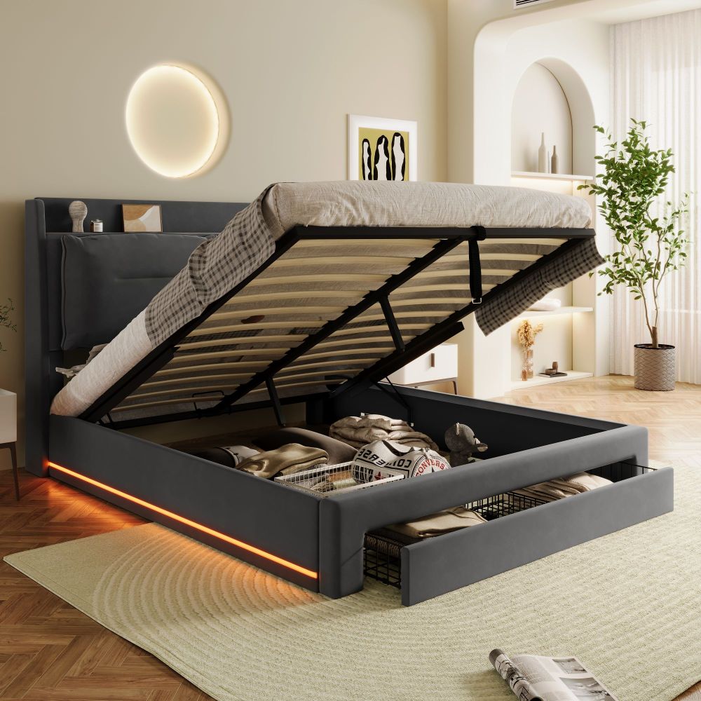 Cama Tapizada 140x190cm Con Canapé Hidráulico Terciopelo, gris