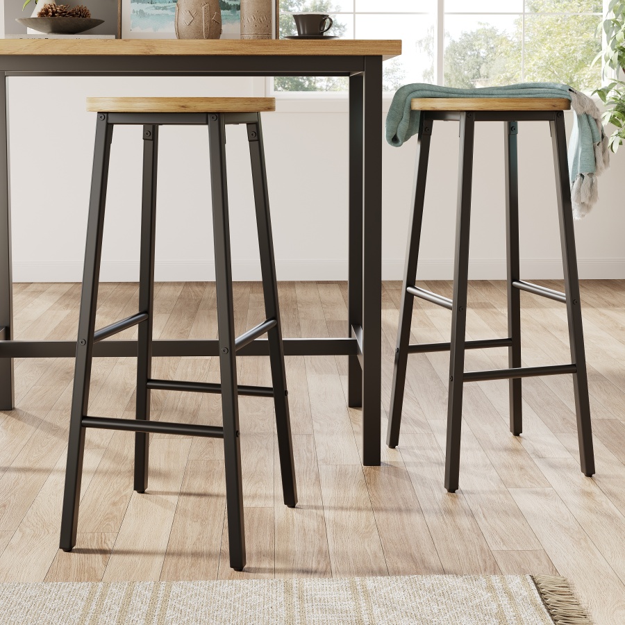 Taburete de bar negro set de 2 con asiento efecto madera regulable