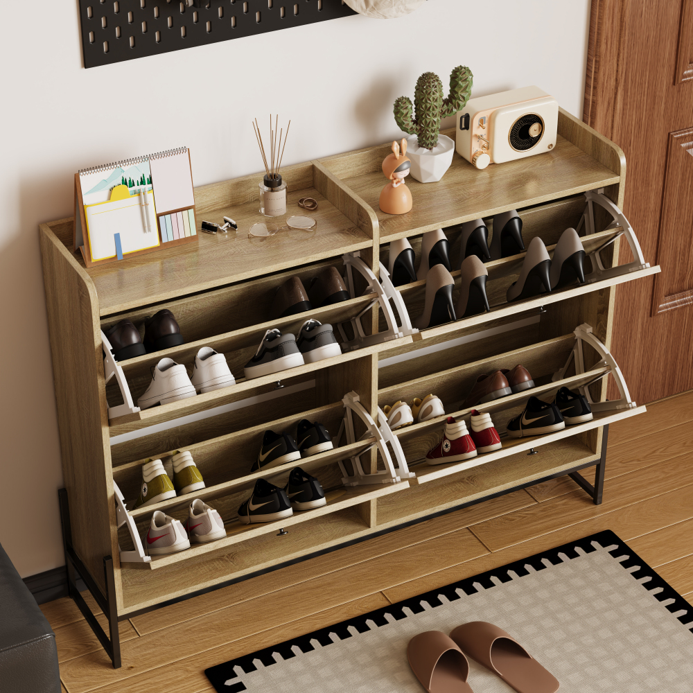 Zapatero estrecho con 4 puertas abatibles natural 91,5x121x25cm