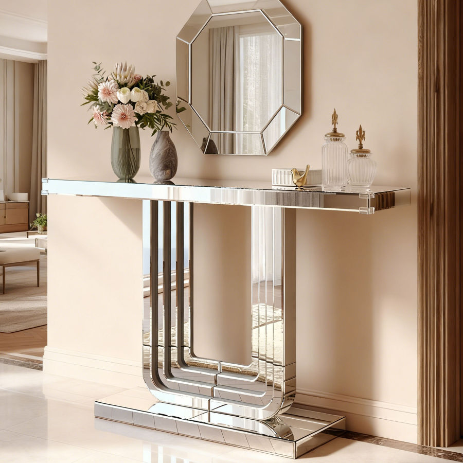 Mesa consola para recibidor salón vidrio y mdf plateado 120cm