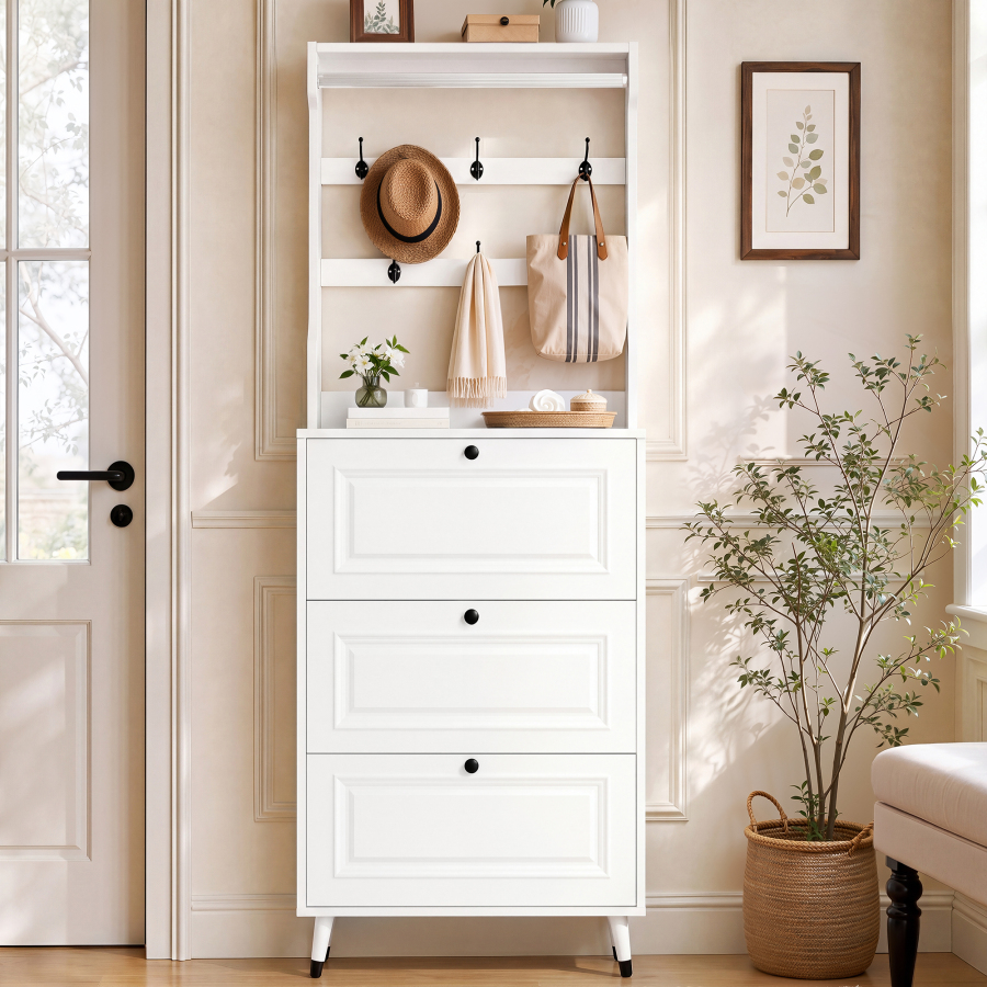 Mueble recibidor con zapatero y perchero blanco 180x66x17cm