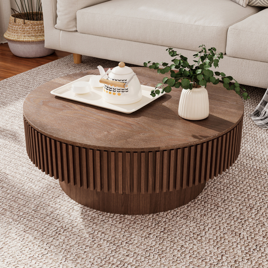 Mesa de centro redonda con almacenaje madera nogal diámetro 75cm
