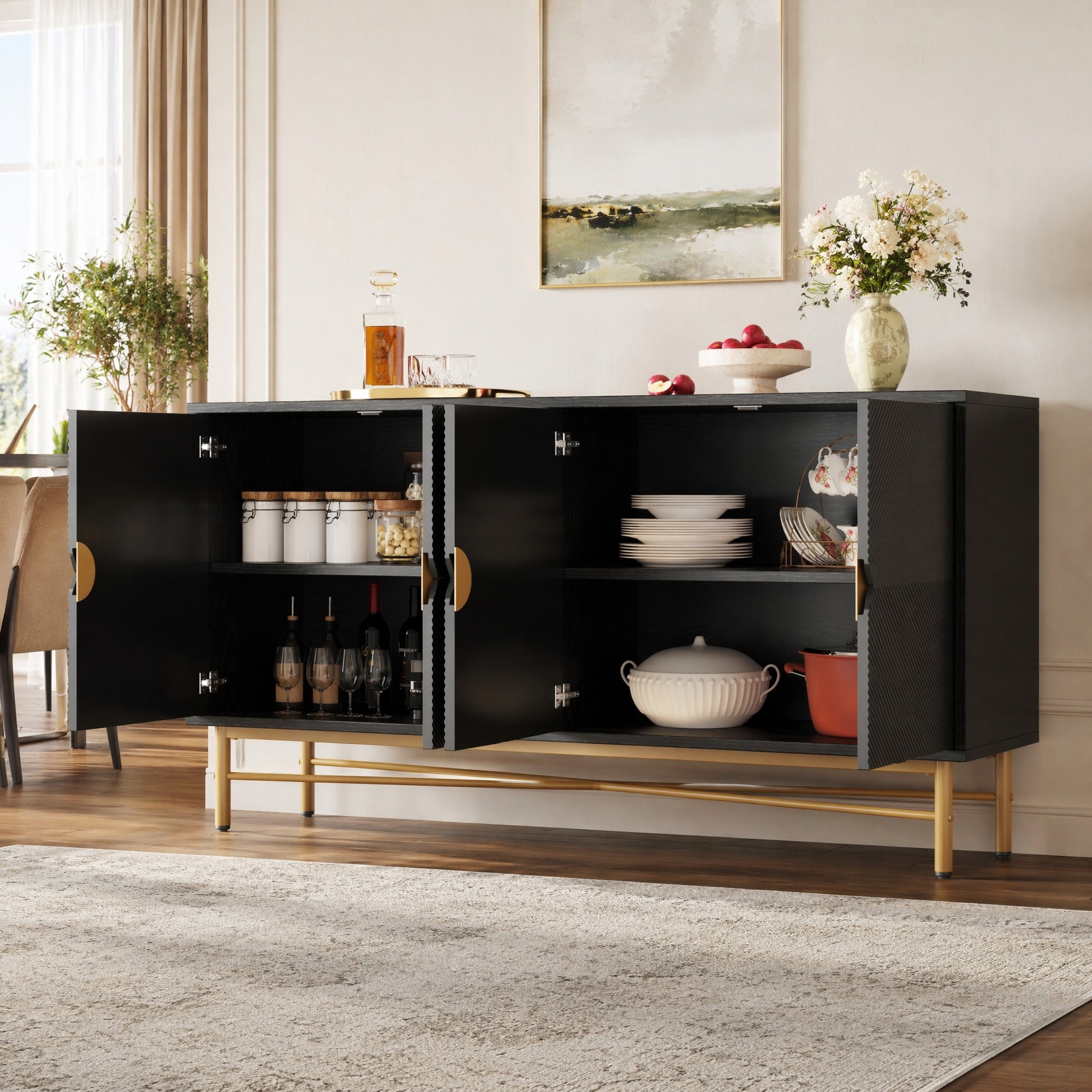 Aparador de comedor negro 4 puertas 82x160x40cm