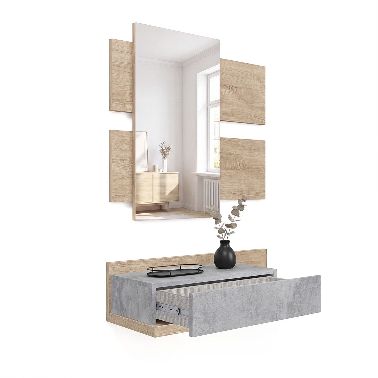 Mueble recibidor con 1 cajón y espejo 75 cm milo roble - gris