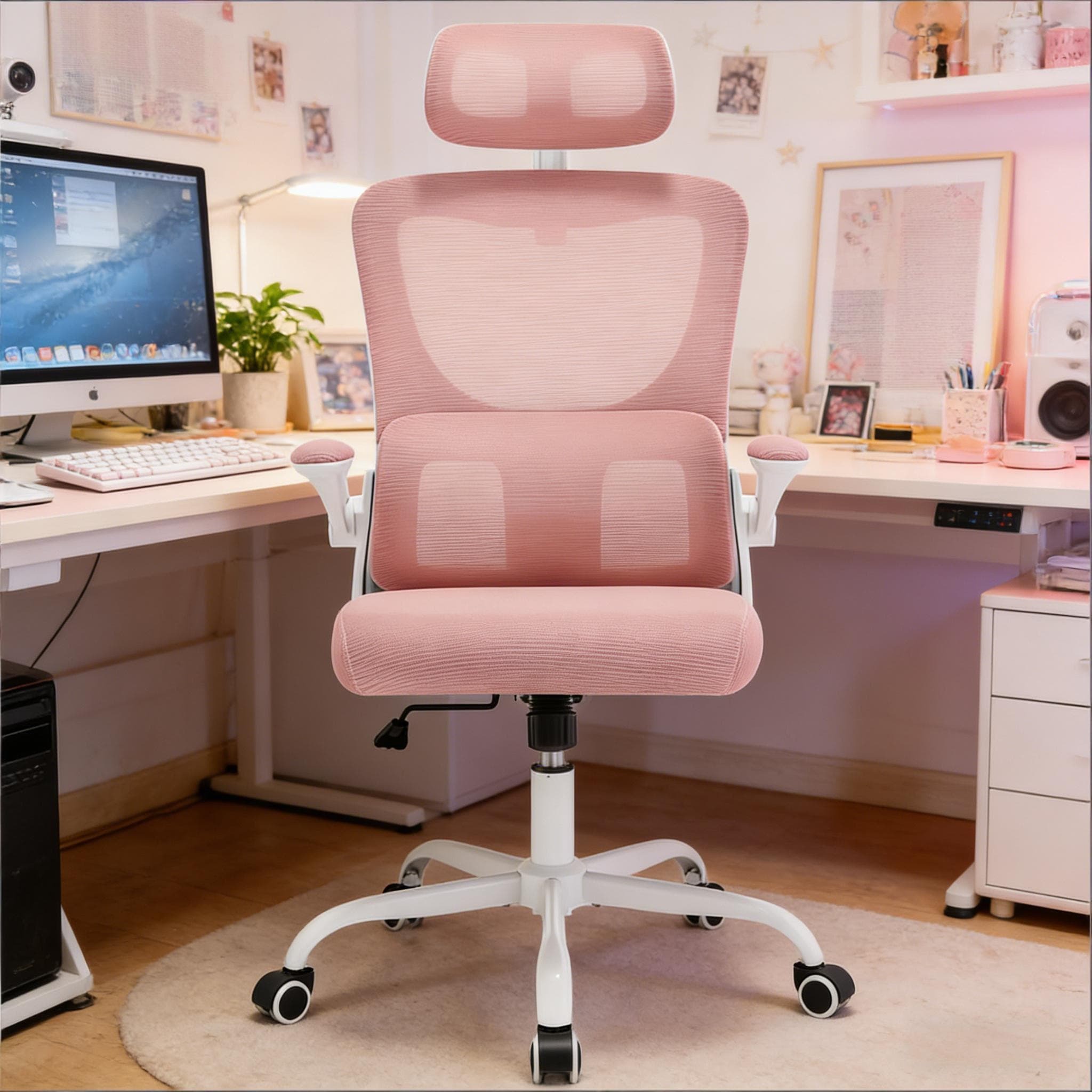 Silla de oficina ergonómica rosa con respaldo alto de malla y ruedas