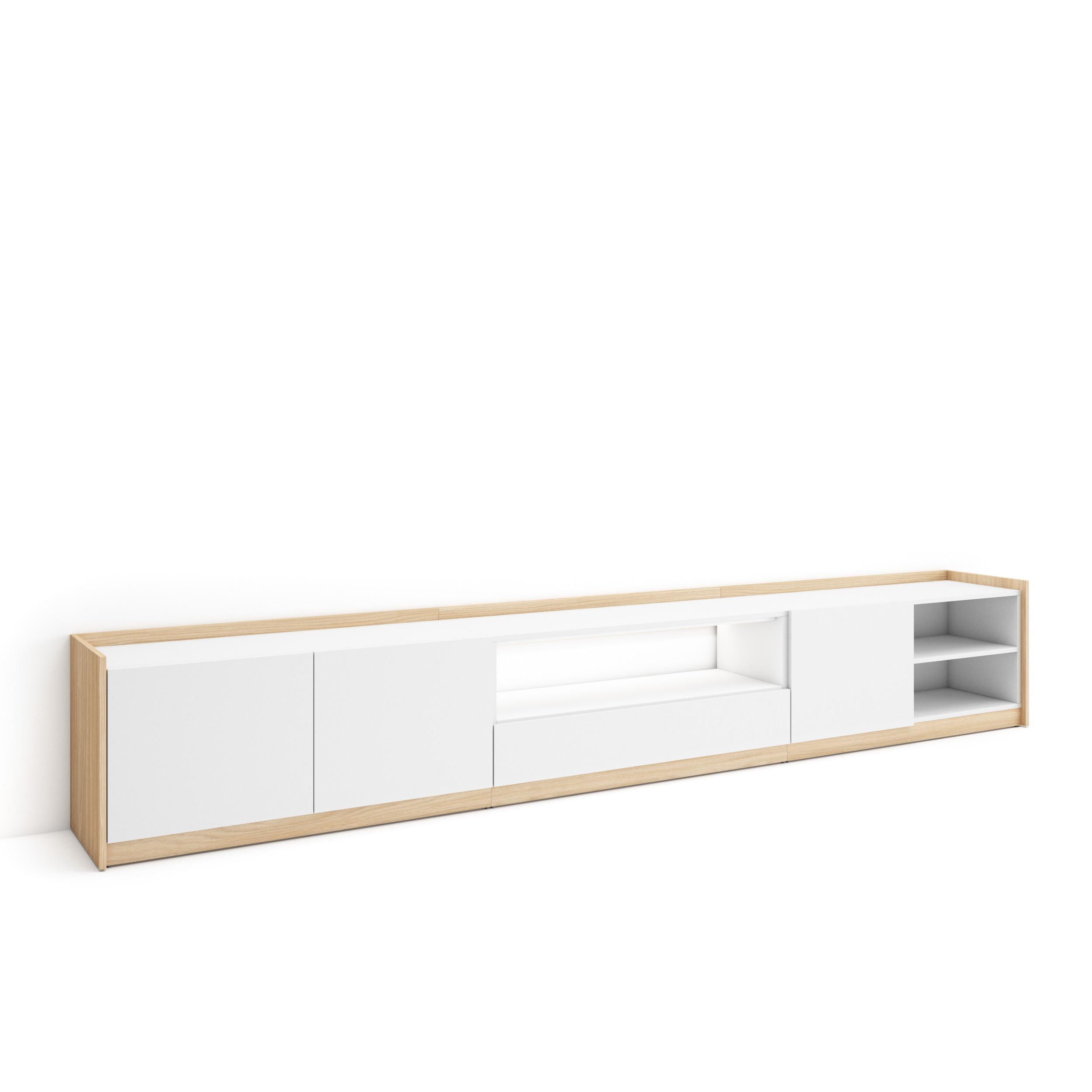 Mueble tv, 310x37x50cm, blanco y roble soft, LED rf4865
