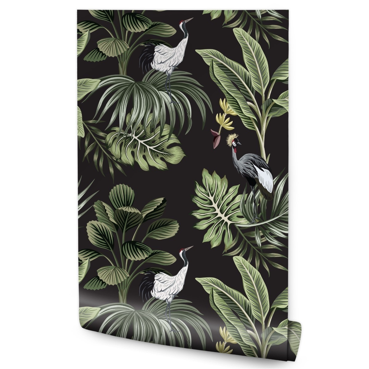 Papel Pintado Grullas Pájaros Y Hojas Exóticas Para Dormitorio 53cm x 10m